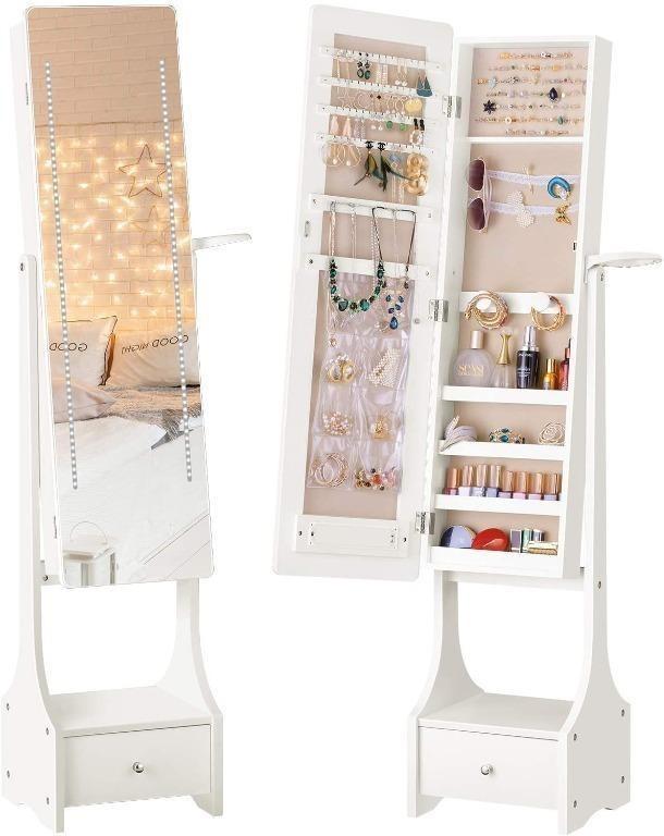 LUXFURNI LED Light Jewelry Cabinet Standing full Screen Mirror Makeup  Lockable Armoire, Large Cosmetic Storage Organizer w/drawer white,  Furniture  Home Living, Furniture, Shelves, Cabinets  Racks on Carousell