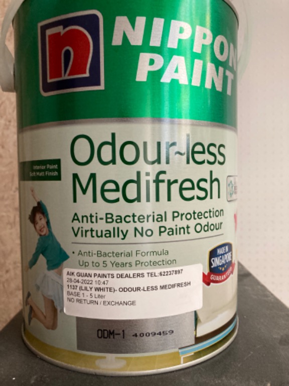 Nippon paint odourless medifresh 5L Lily White, Furniture & Home Living, Home Improvement