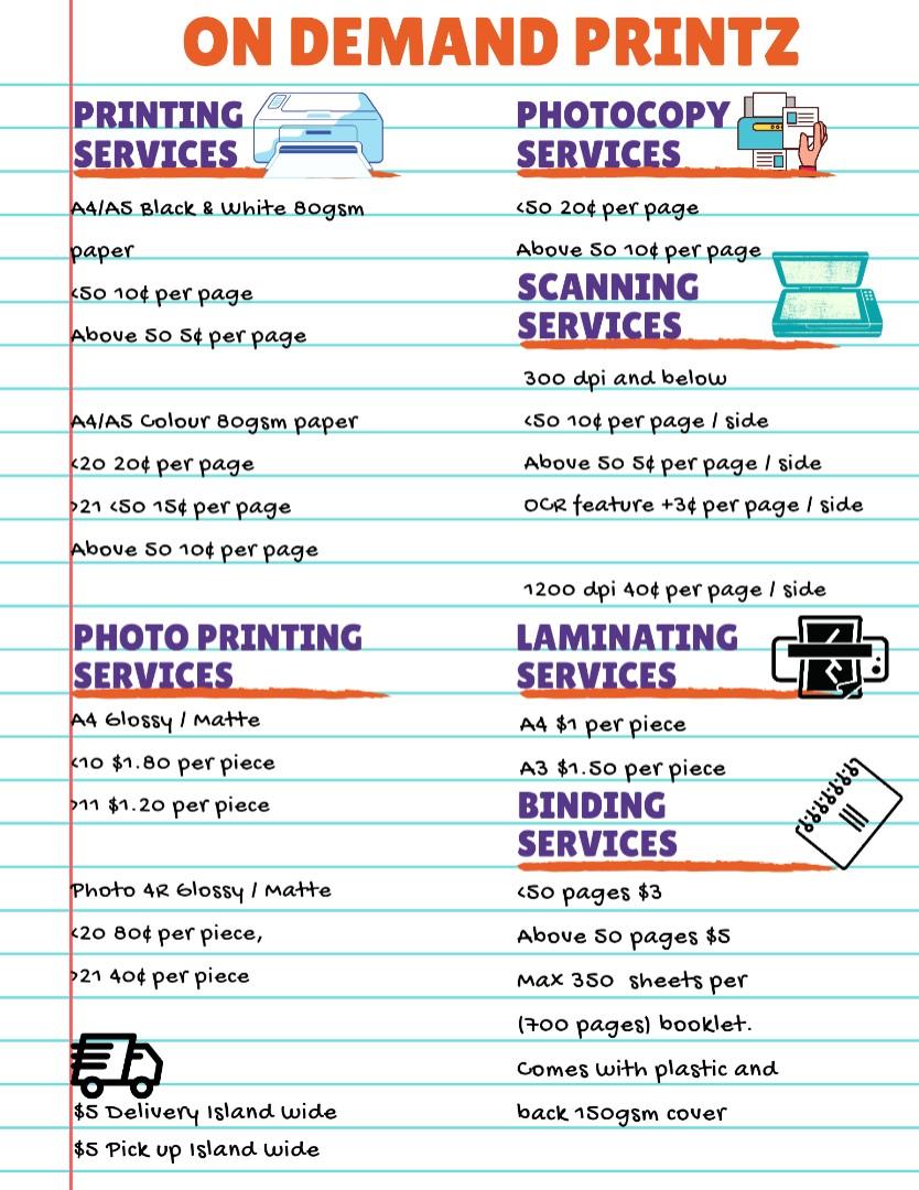 Print, Scan, Photocopy, Binding, Laminate, Photo prints, Photo scans