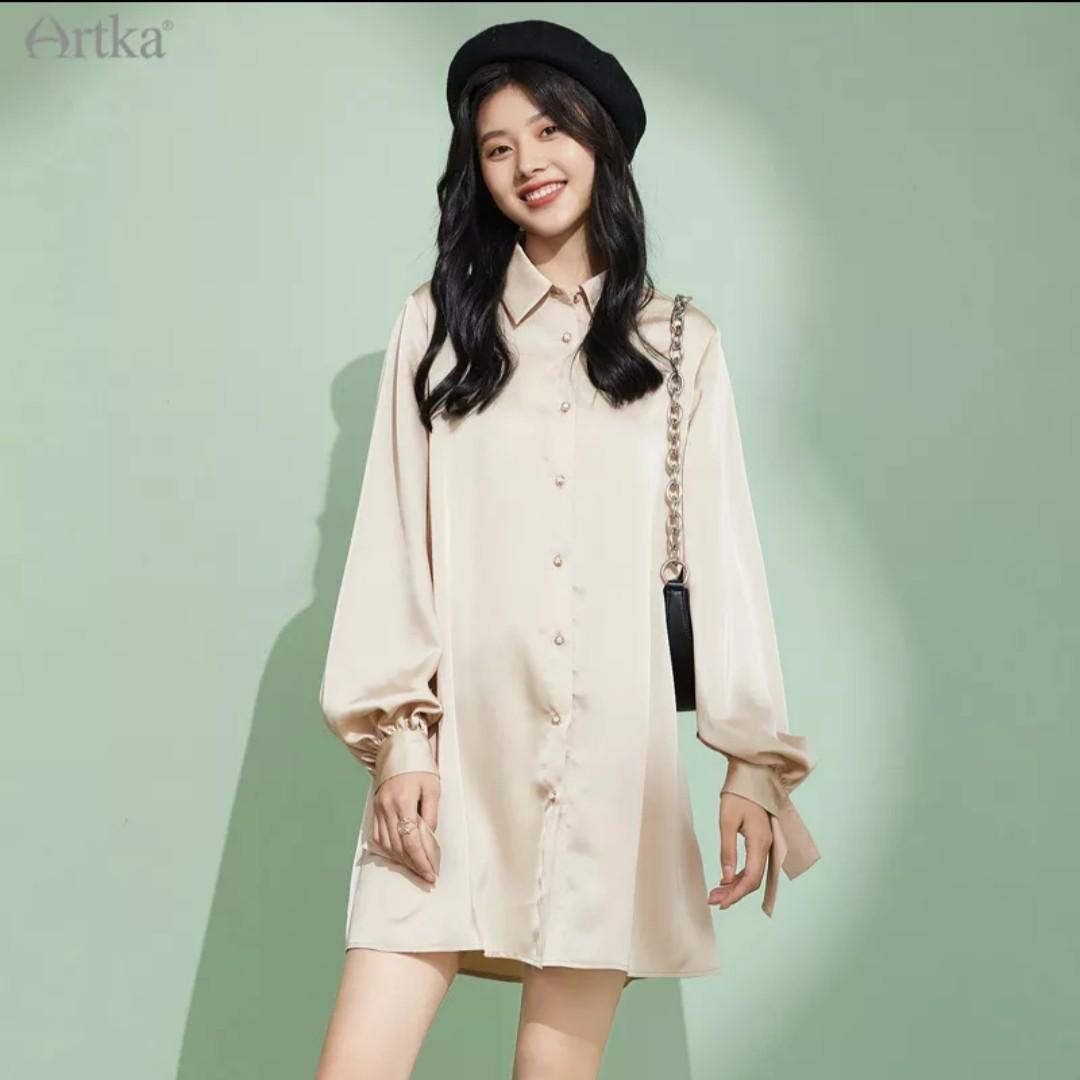 Women Soft Satin Shirt Dress Loose Puff Sleeve Korean Fashion Big