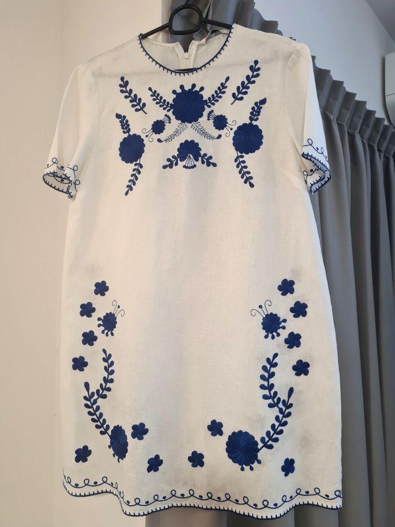 Zara white dress shop with blue embroidery