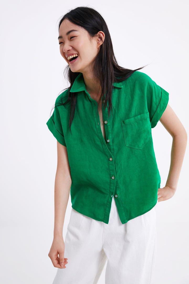 Zara Kelly Green Linen Top, Women's Fashion, Tops, Shirts on Carousell