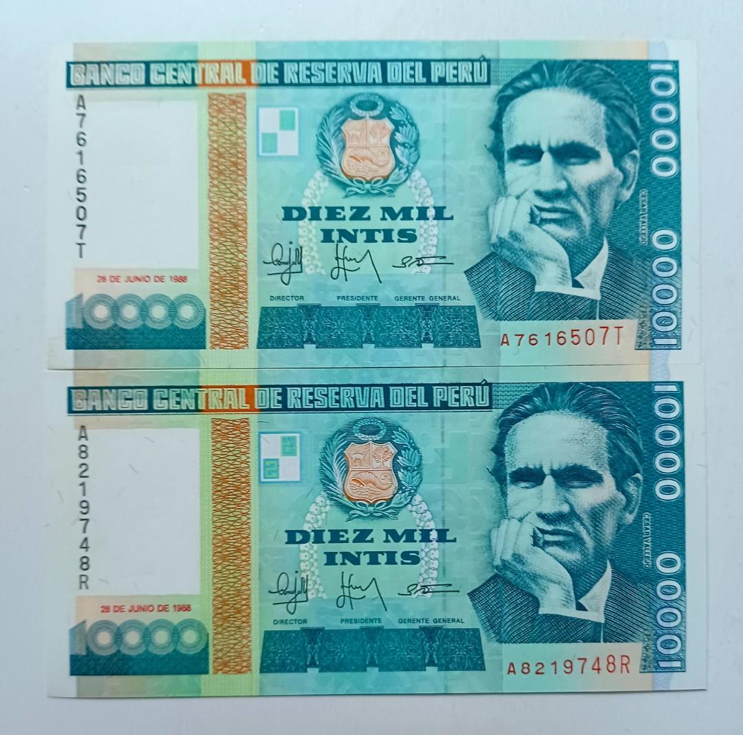 秘魯1988年10000里拉共2張UNC, 紙邊有微黃, 興趣及遊戲, 收藏品及紀念品, 錢幣- Carousell