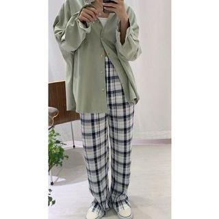 藍莓絲綢感格紋褲