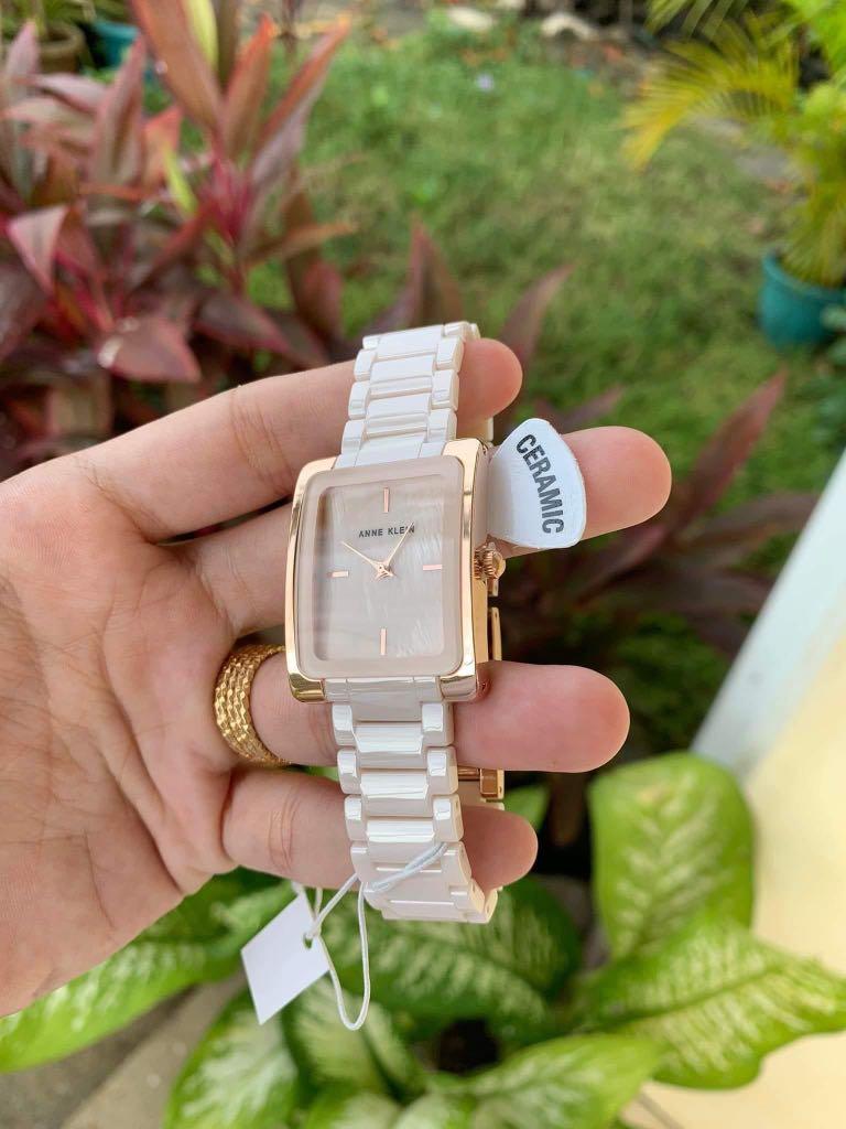 Anne Klein Square watch white pinkish mother of pearl face