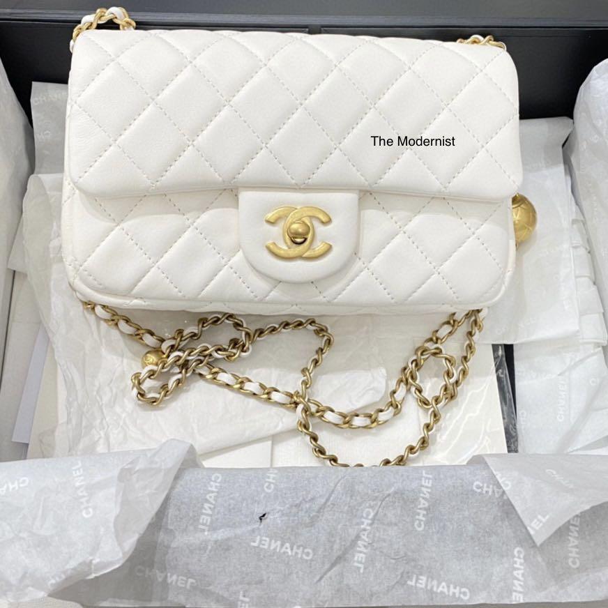 Authentic Chanel Gold Pearl Crush Mini Rectangular Flap Bag White Lambskin  Gold Hardware