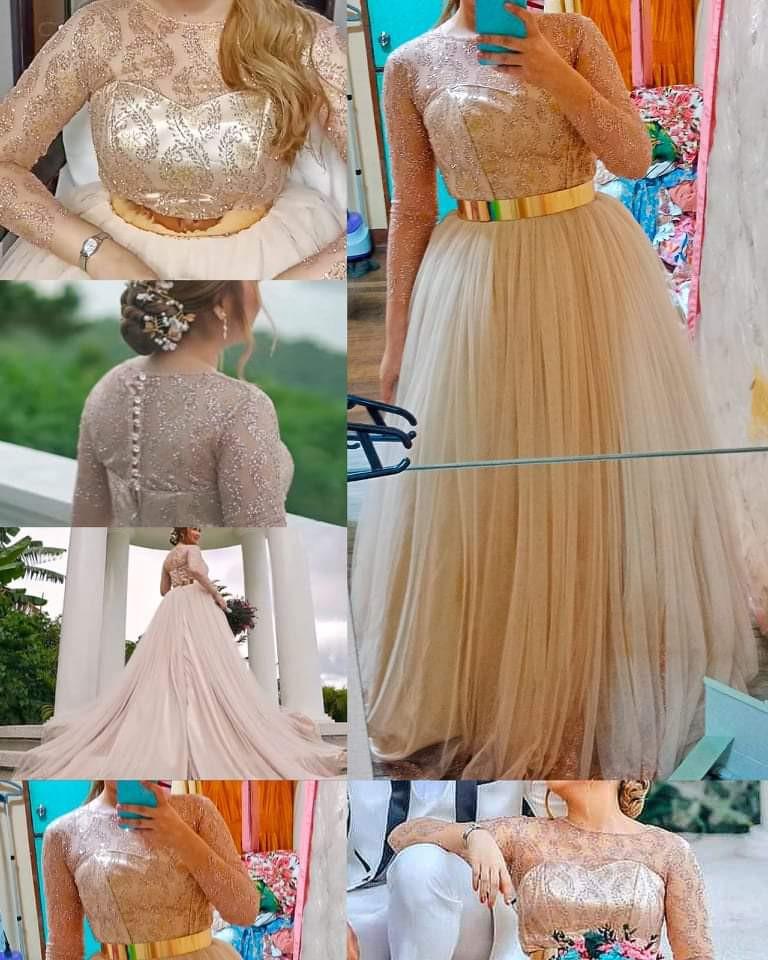 Champagne long trail flowy wedding gown (Category: Evening dresses & gowns) located in Caloocan City. Submitted by anglla21 (Listing ID 1161525071, Image 2). Description: Super long trail champagne wedding gown, super lakas maka barbie, without petticoat sya nung sinuot ko kasi gusto ko flowy lang, pero super ganda nya lalo pag merong petticoat 😍 inclusions: Box, veil, petticoat, complete accessories. original price: 15k, custom made Size: recom