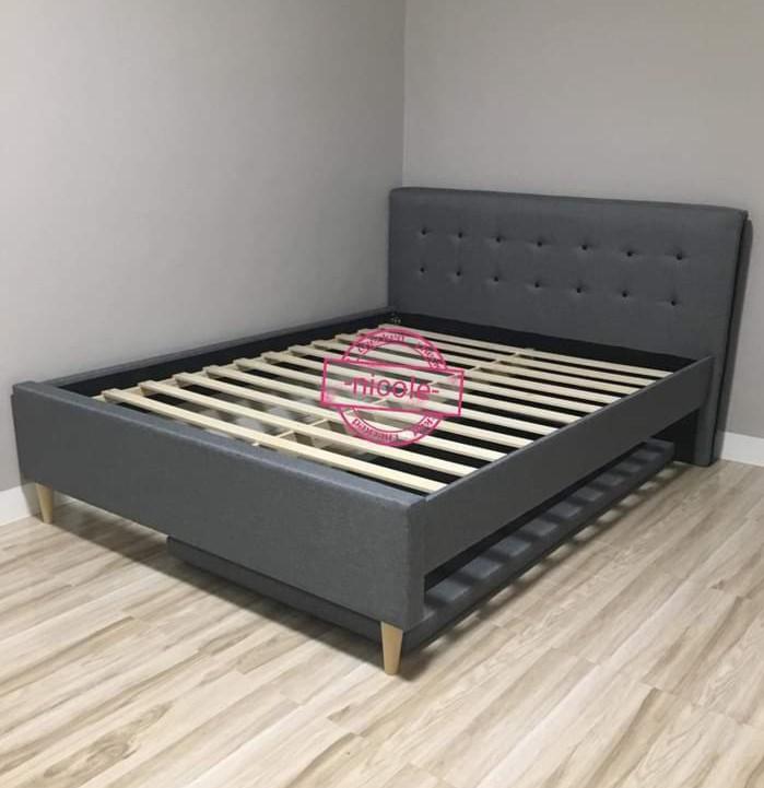 Queen size bed frame with pull out (Category: Bed Frames & Mattresses) located in Pasay City. Submitted by cherry_nicole (Listing ID 1161509056, Image 2). Description: 14,500 Queen size bed frame 60x75 with single pull out 36x75 fabric gray padded headboard.