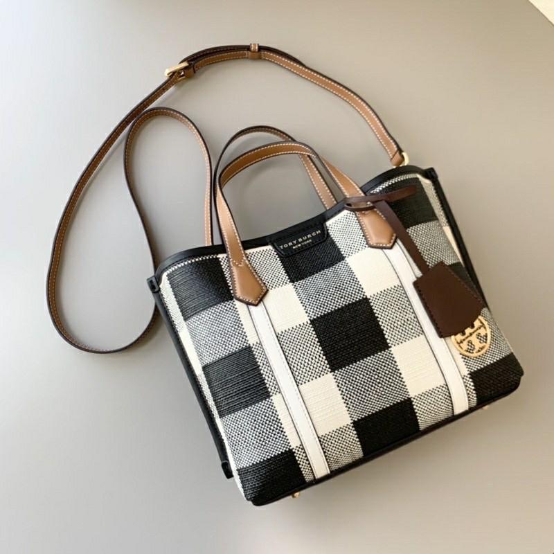 Tory Burch Black/Ivory Woven Fabric And Leather Perry Gingham Small Tote  Tory Burch