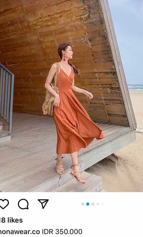 Satin orange dress backless, Fesyen 