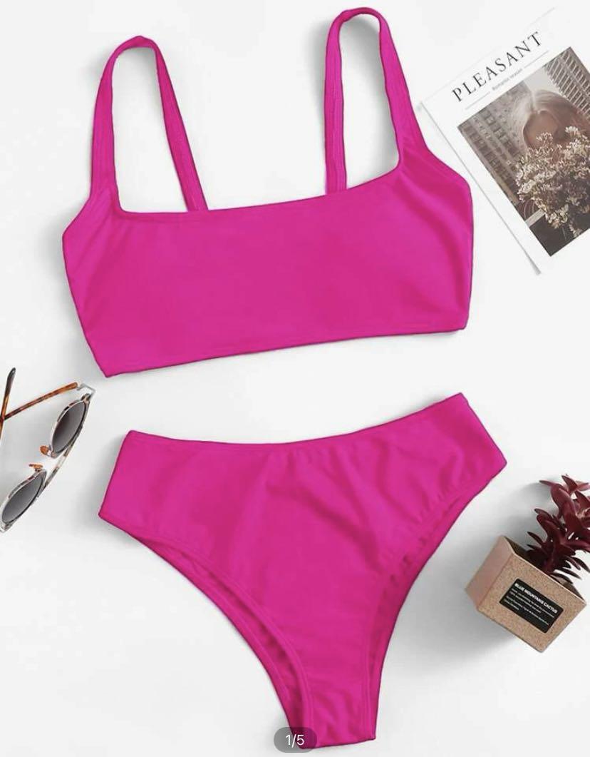 Shein 2 Piece Hot Pink Bikini Swimsuit Square Neck, Women's Fashion ...