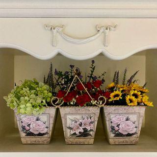 Cottage Core Triptych Floral Metal Basket with Artificial Flowers Plants for Home Office Garden Decor