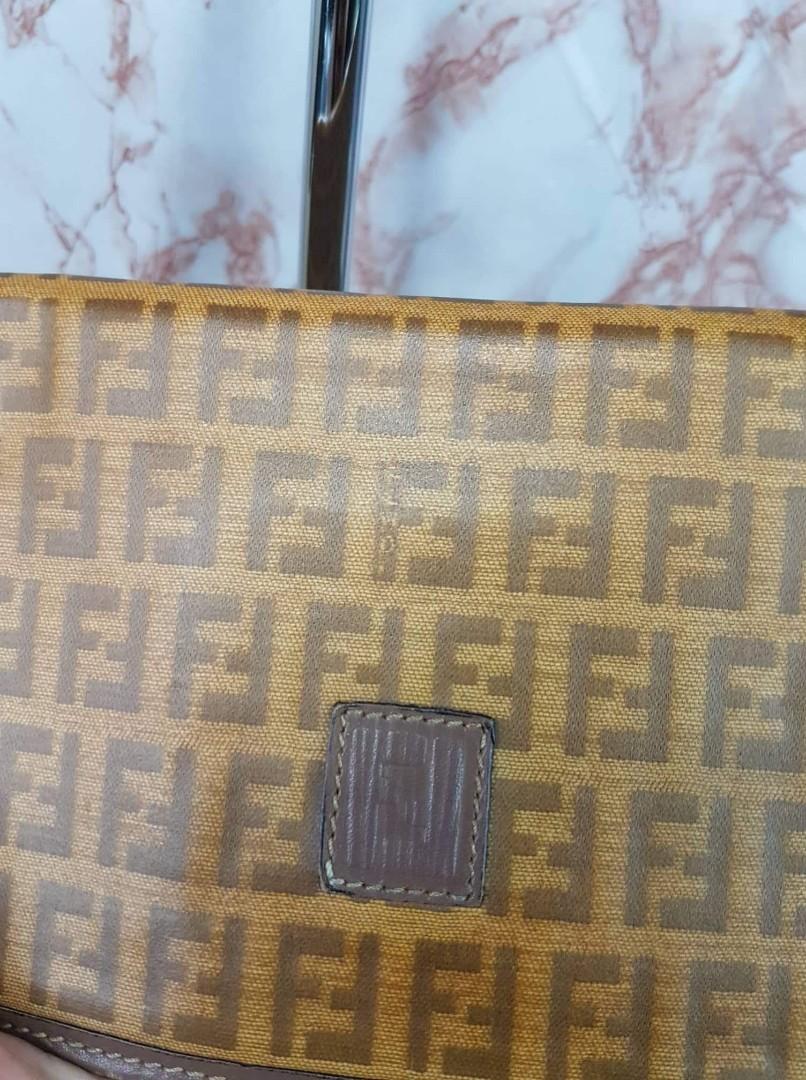 Fendi Zucchino Shoulder Bag Coated Canvas Razor Beige Brown VINTAGE