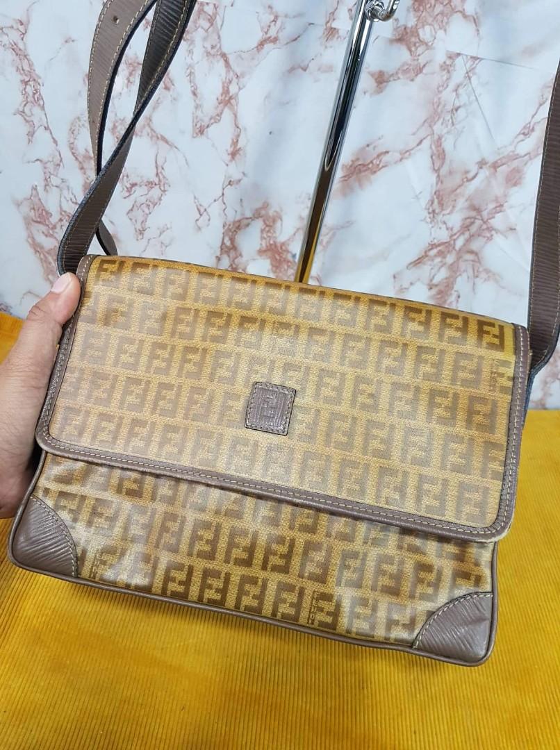 Fendi Zucchino Shoulder Bag Coated Canvas Razor Beige Brown VINTAGE