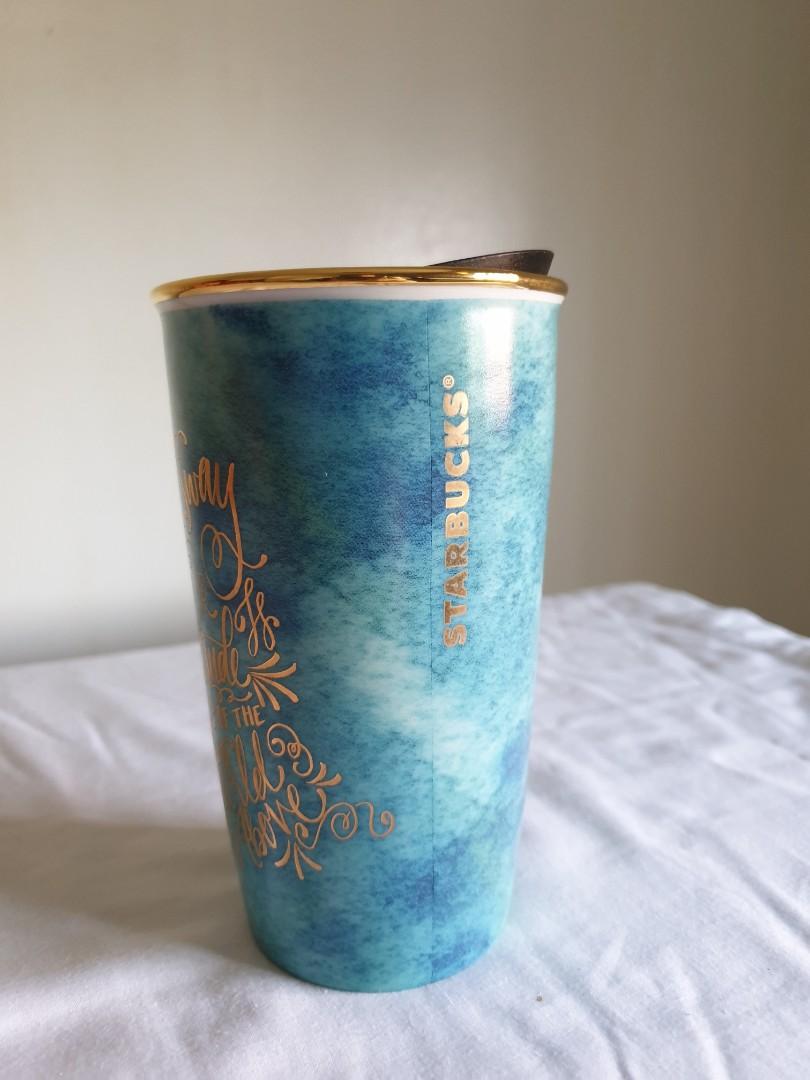 RARE AUTHENTIC STARBUCKS DOUBLE WALL CERAMIC MUG BLUE GOLD LETTERS,  Furniture & Home Living, Kitchenware & Tableware, Water Bottles & Tumblers  on Carousell