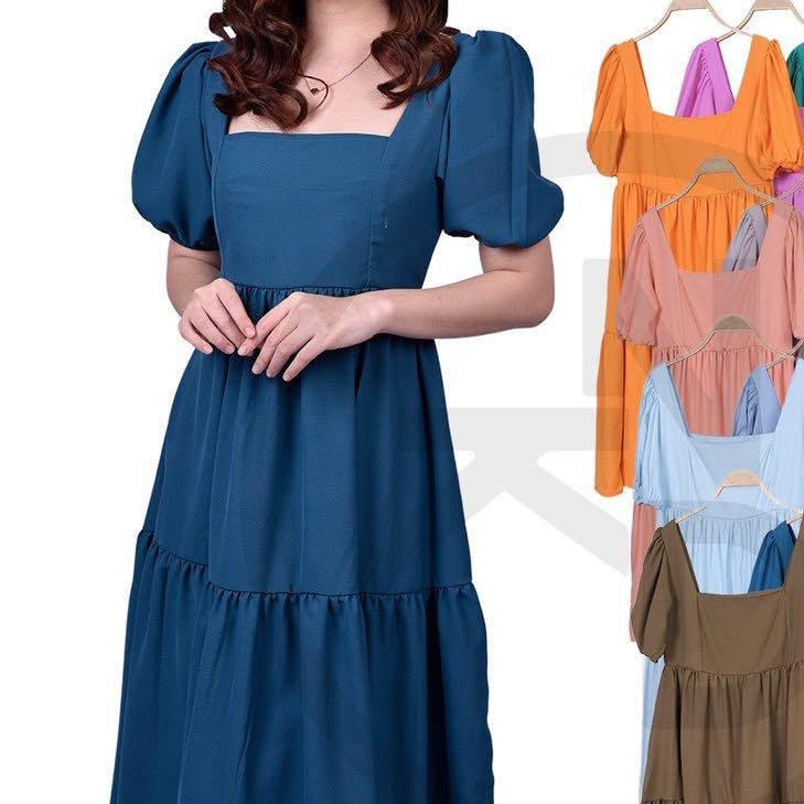 Teal blue green puff square neck layered casual dress Women s