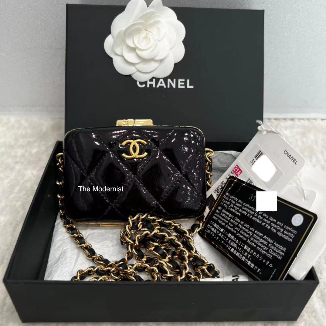 Authentic Chanel Box with Chain Black Shiny Goatskin