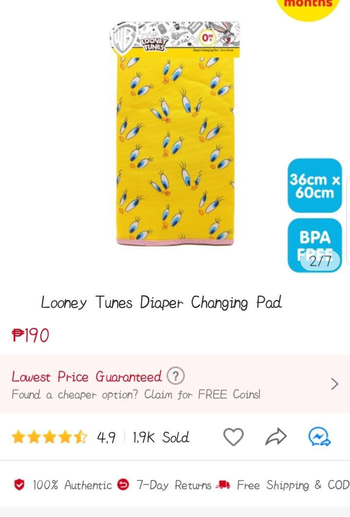 Looney tunes diaper changing pad (Category: Changing Mats & Accessories) located in Cainta. Submitted by ziannika28 (Listing ID 1161745023, Image 2). Description: Preloved item please manage your expectations!!! No flaws Original price: 190 36cm×60cm.