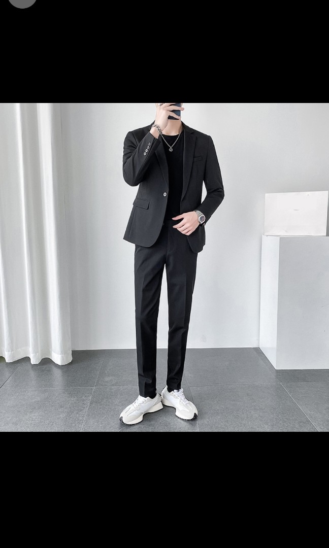 Men s suit blazer pants white tee in dark grey color Men s