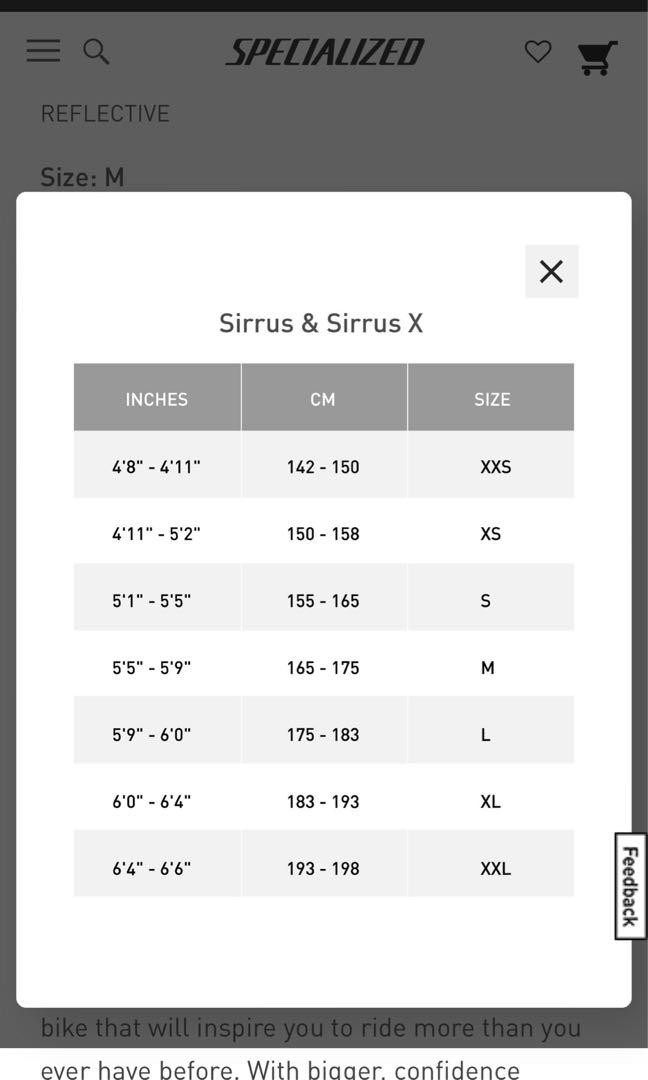 Specialized sirrus size best sale chart