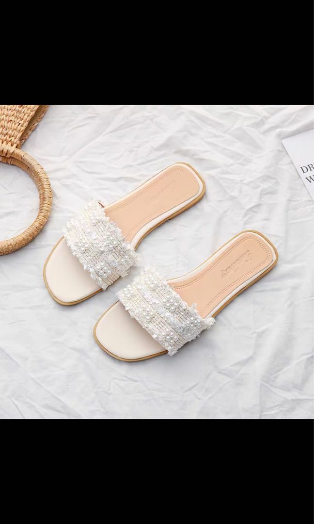 White Lace Slip On Sandals Slippers