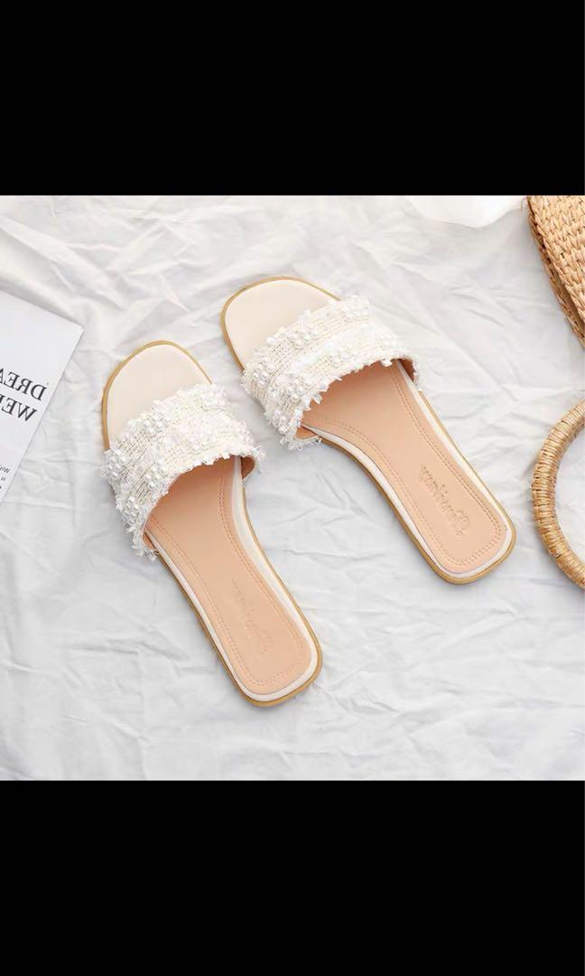 White Lace Slip On Sandals Slippers