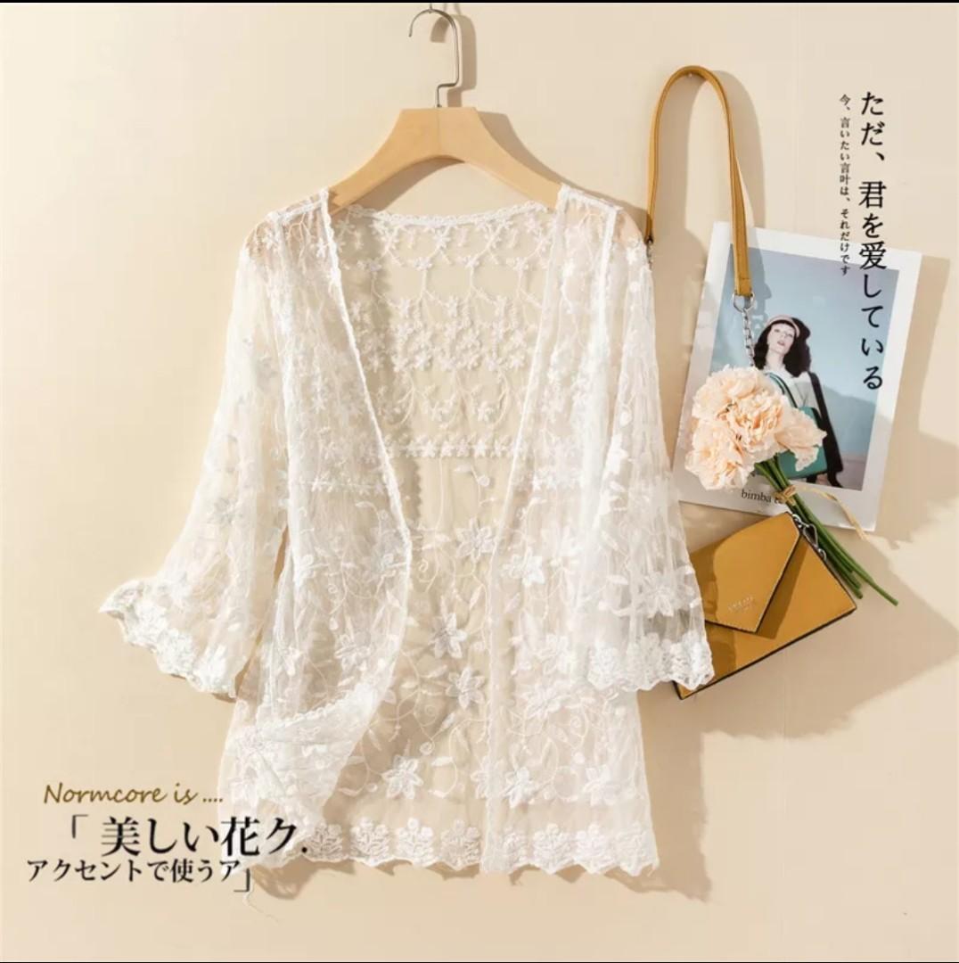 Women Crochet Lace Cardigan Summer Floral Embroidery Sheer Mesh