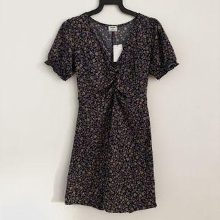 BNWT Cotton On Brianna Ruched Front Mini Dress in Mika Floral Brown Taupe Medieval Blue