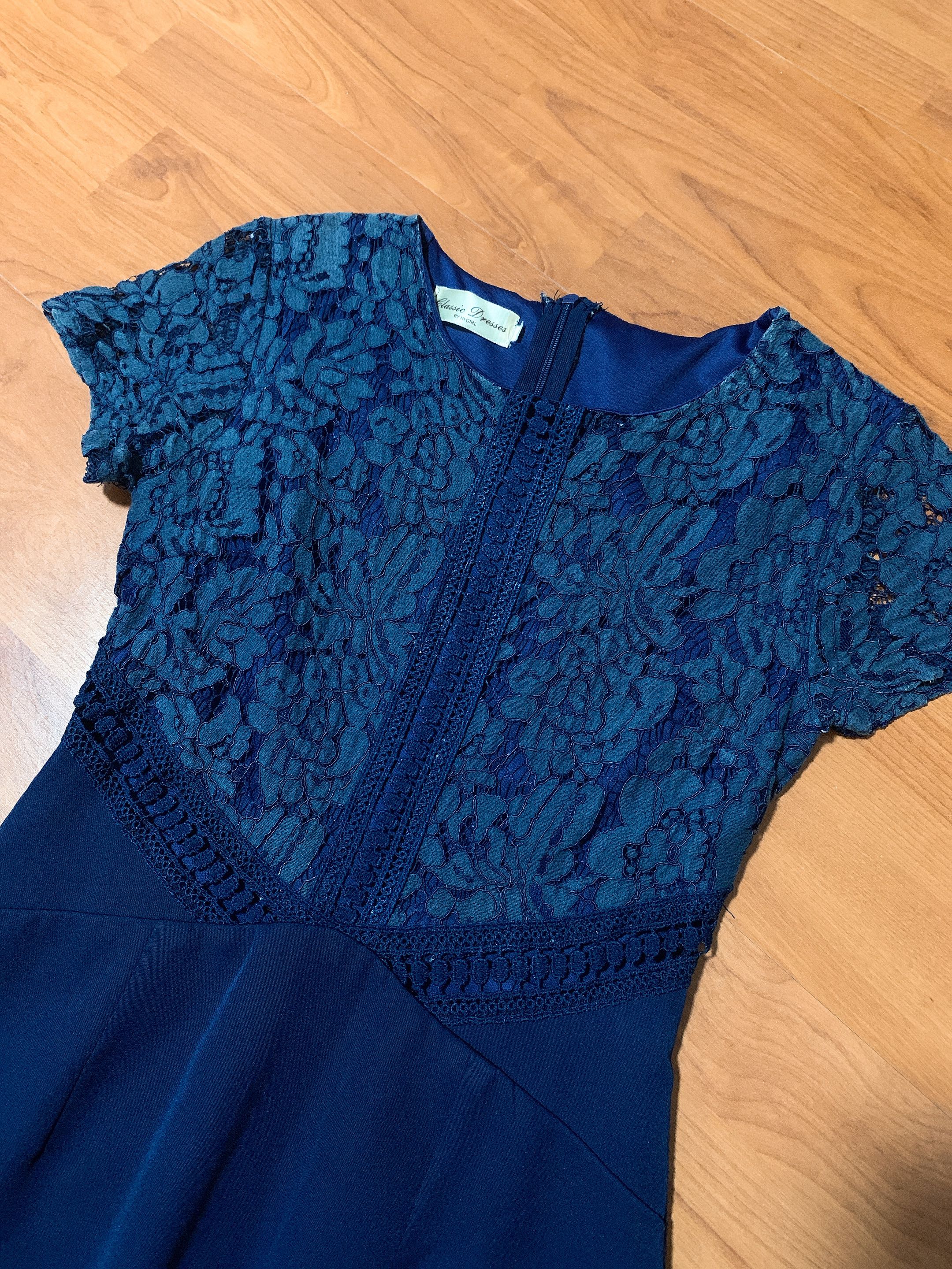 Navy Blue Lace Dress, Women's Fashion 