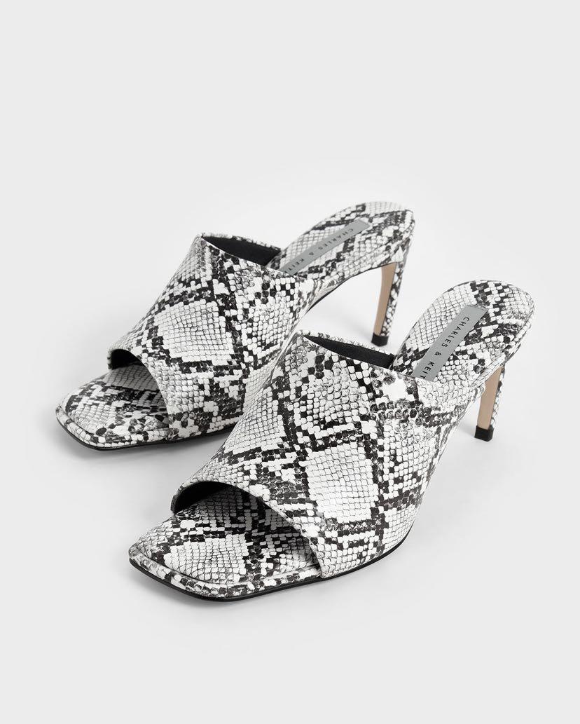 Snake Print Stiletto Heel Mules Animal Print White