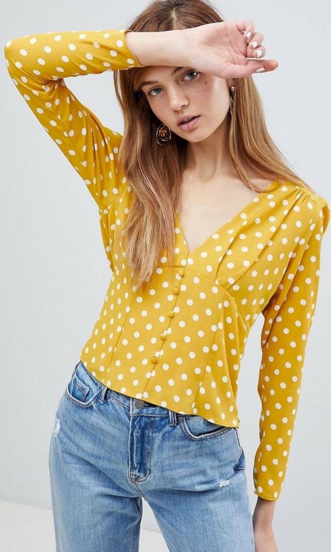 Asos yellow polka dot cropped blouse top Women s Fashion Tops