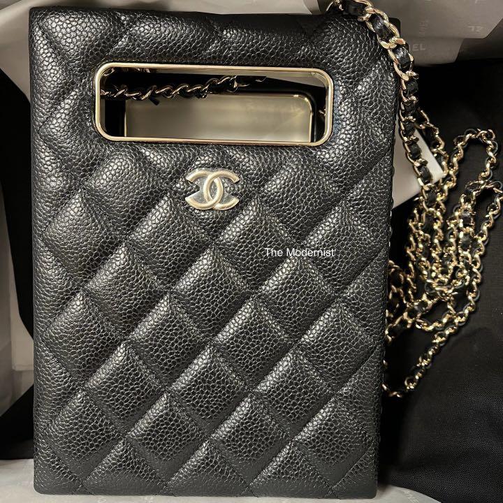 Chanel Black Lambskin and Ribbon Round Clutch with Chain Gold Hardware, 2021 (Like New), Black Womens Handbag