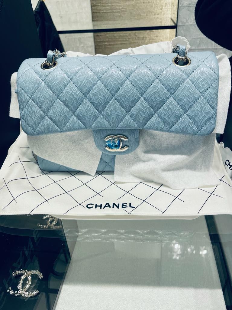 Brand New* Chanel 22S Small Classic Flap Light Blue Caviar w