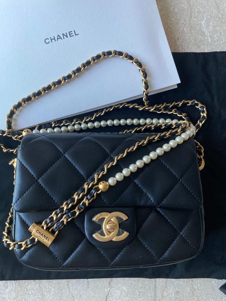 Chanel 21K Perfect Mini Flap Bag In Black Lambskin With Pearl Black Leather  Strap (Adjustable) AGHW