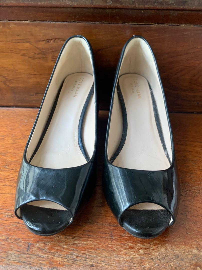Cole Haan Sadie 65mm Black Patent Open Toe Wedge Heels Pumps US