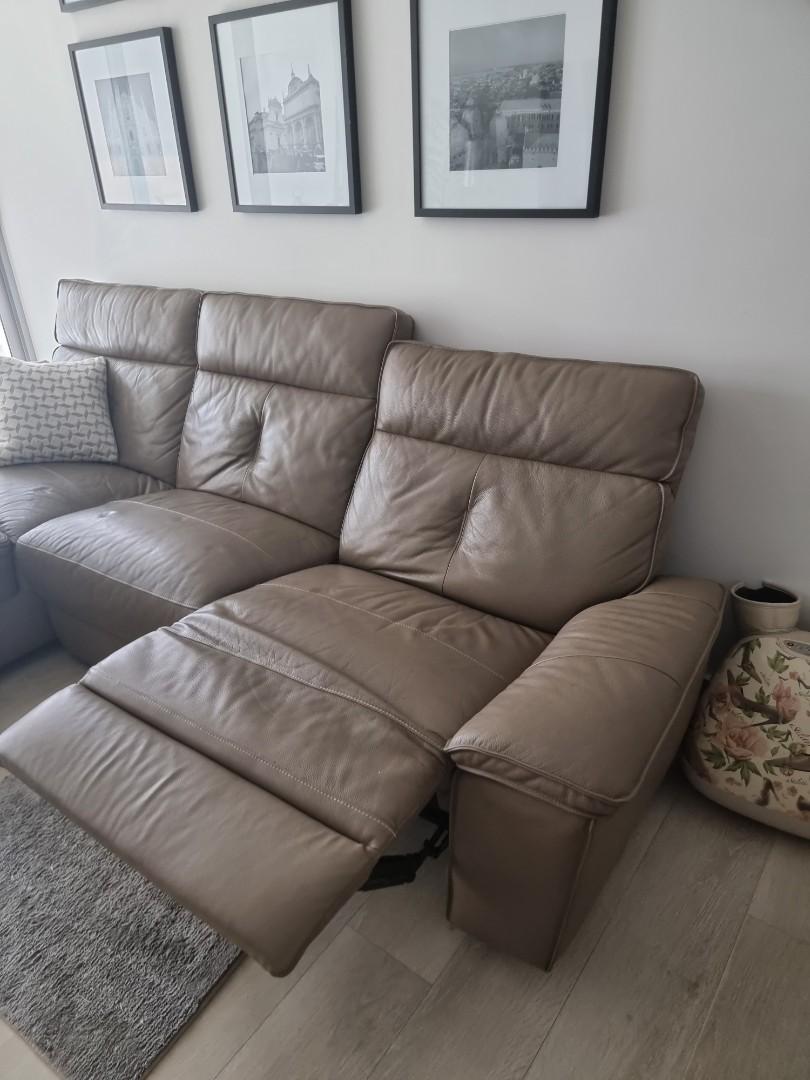 Italian leather L shaped sofa with recliner, Furniture & Home Living