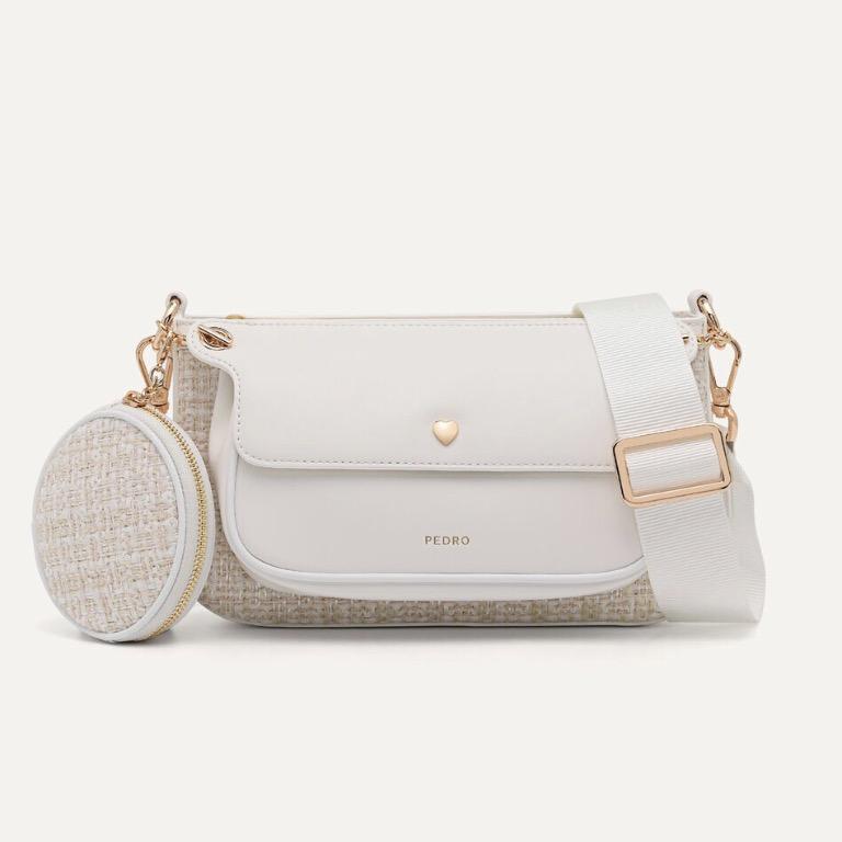 PEDRO Tweed Double Flap Shoulder Bag White NOT CHARLES AND KEITH 3 in 1 SLING BAG SHOULDER BAG CROSSBODY BAG SLING BAG COIN POUCH