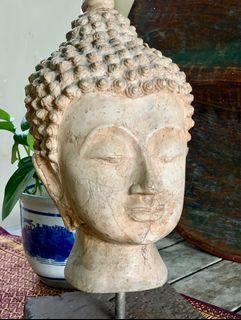 Vintage Sandstone Buddha Head from Burma Mounted on Stone Base