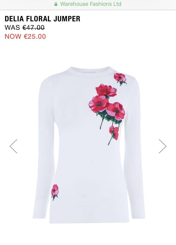 WAREHOUSE Delia Floral Long Sleeve Top Oriental Knit White Jumper