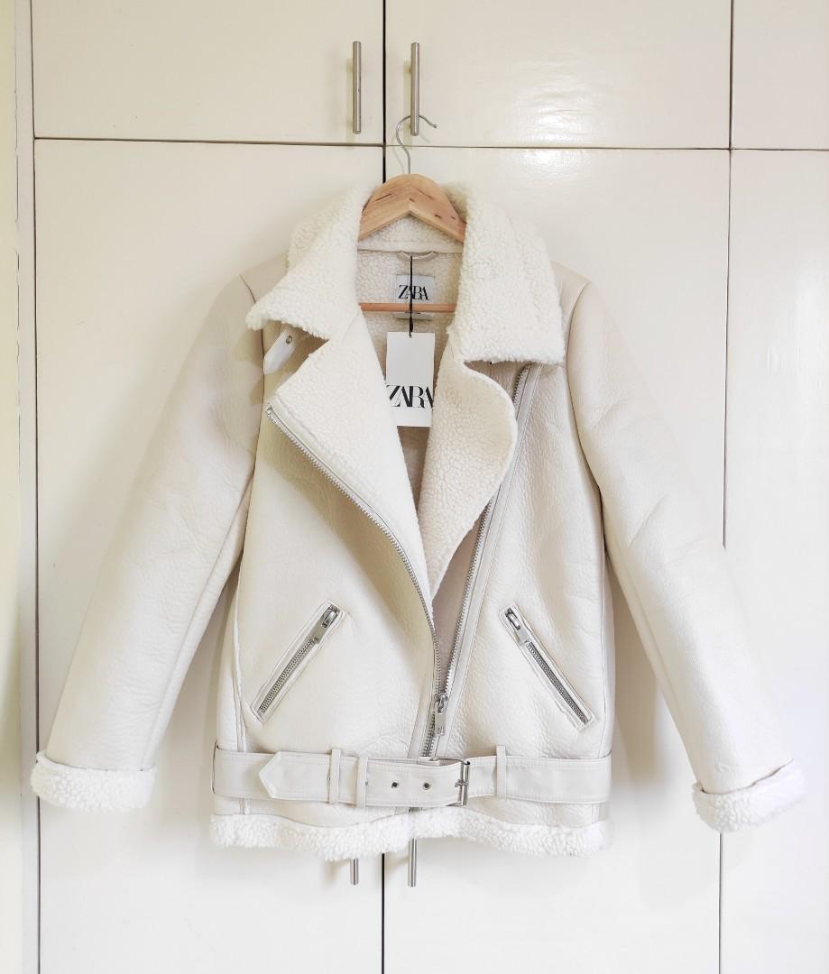 Zara white cream faux fur leather shearling aviator jacket
