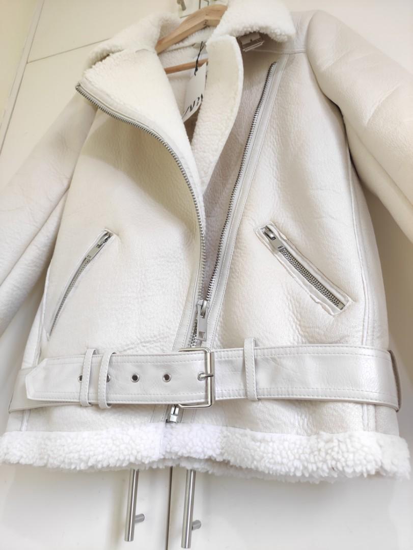 Zara White Cream Faux Fur Leather Aviator Jacket Size Xsmall