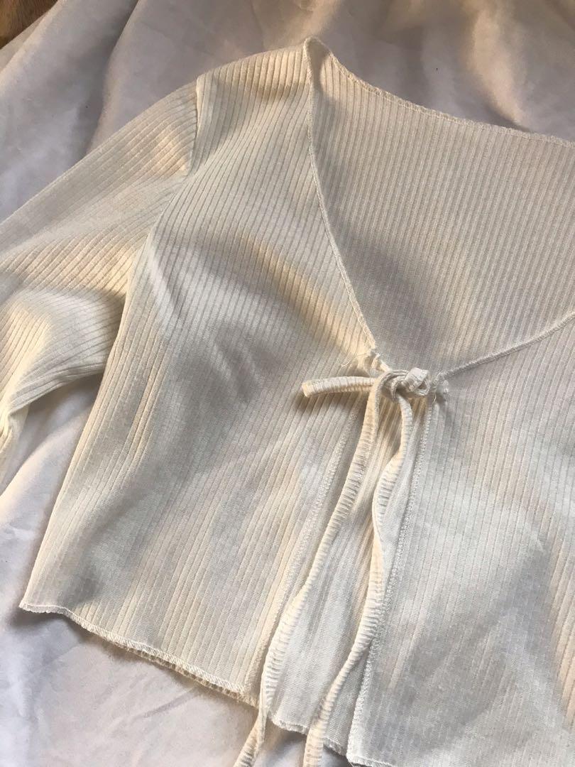 Aesthetic White Tie Cardigan, Women's Fashion, Coats, Jackets and Outerwear  on Carousell