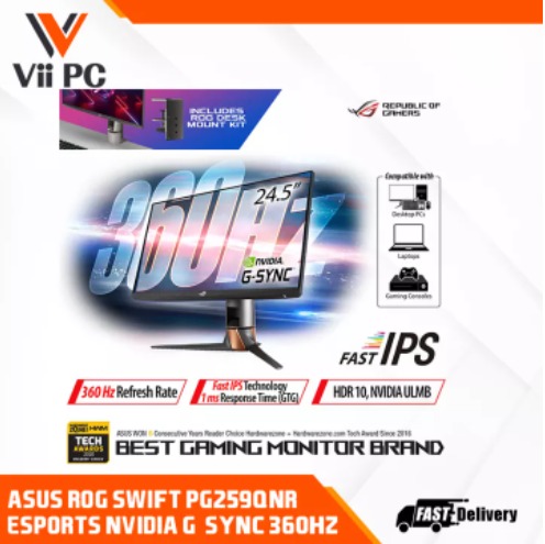  ASUS ROG Swift 360Hz PG259QNR 24.5” HDR Gaming Monitor, 1080P  Full HD, Fast IPS, 1ms, G-SYNC, ULMB, NVIDIA Reflex Latency Analyzer, HDMI  DisplayPort USB, Desk Mount Kit, VESA Wall Mountable, HDR10 