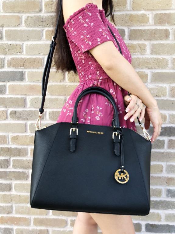 AUTHENTIC Michael Kors Ciara Top Zip Large Satchel Bag BLACK