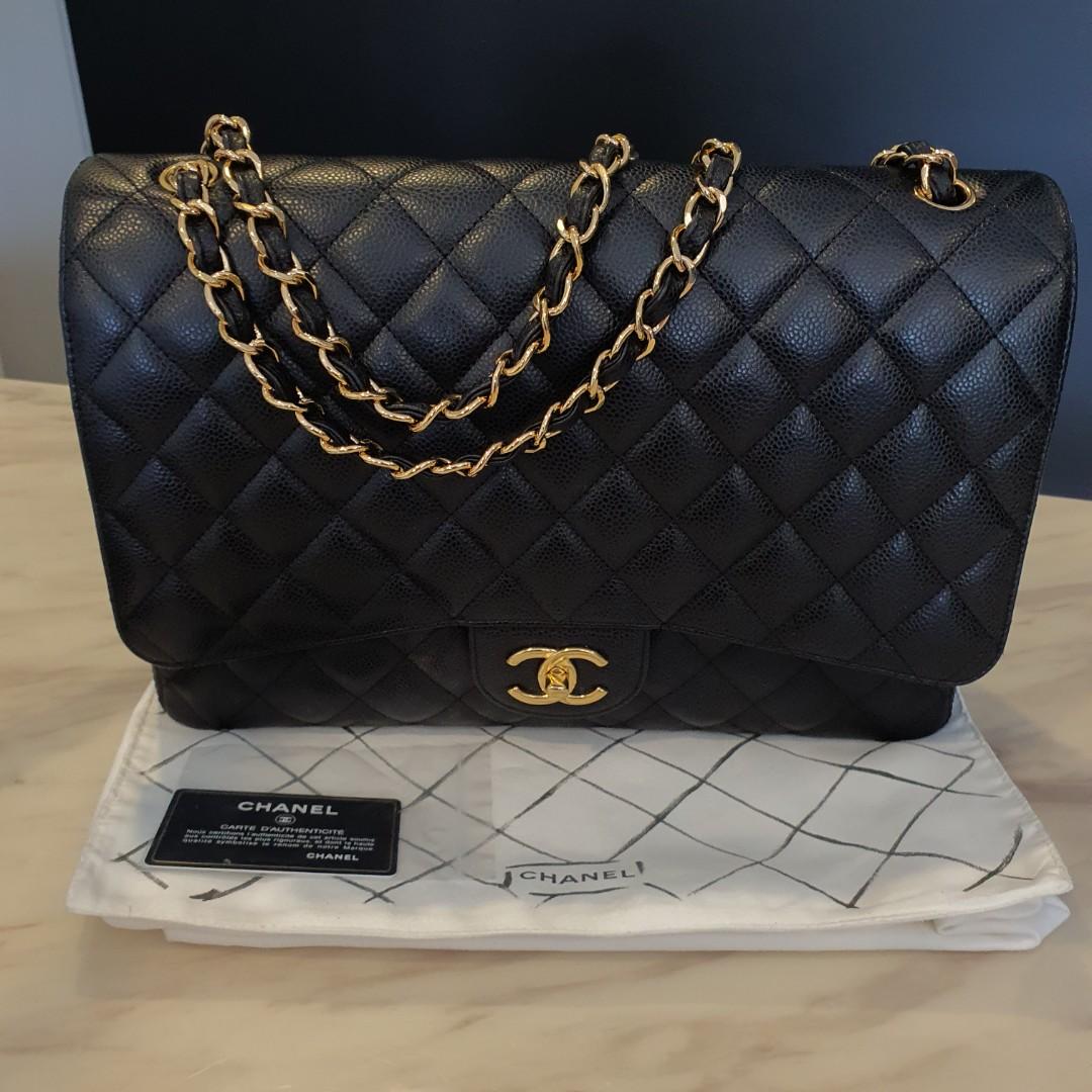 CHANEL Maxi Classic Handbag Grained Calfskin Double Flap Chain