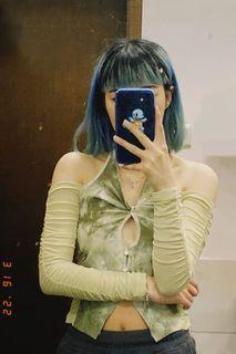 green tie-dye long sleeve off-the-shoulder top