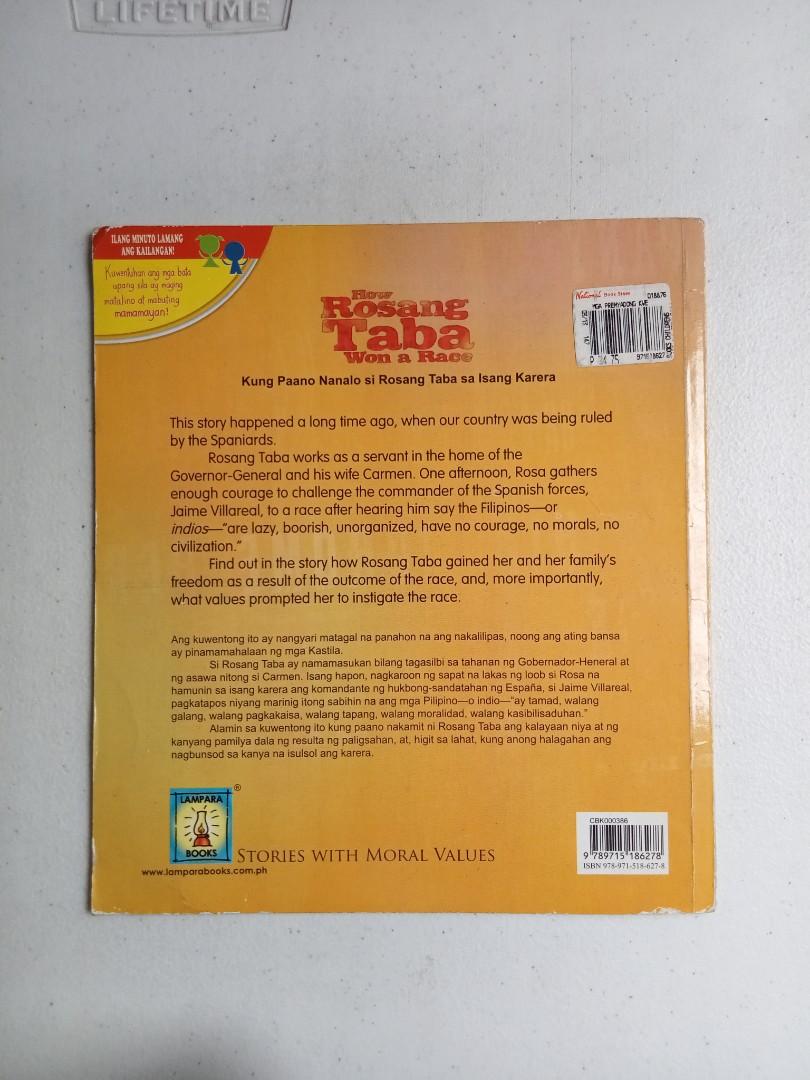 HOW ROSANG TABA WON A RACE (Category: Storybooks) located in Quezon City. Submitted by parekoymarekoy (Listing ID 1162276968, Image 2). Description: slightly Used only clean in all pages stock at book shelf.