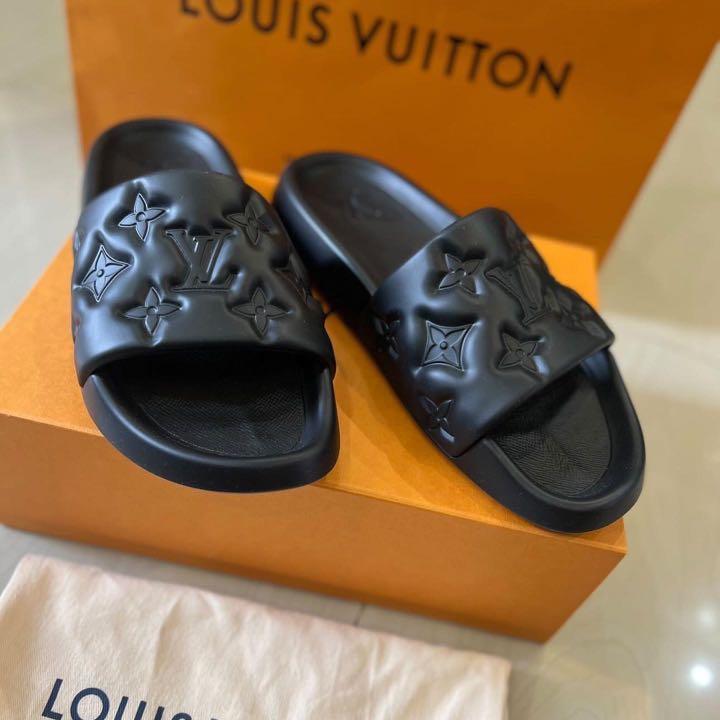 Louis Vuitton Black Damier Embossed Rubber Waterfront Flat Slides Size 41.5 Louis  Vuitton