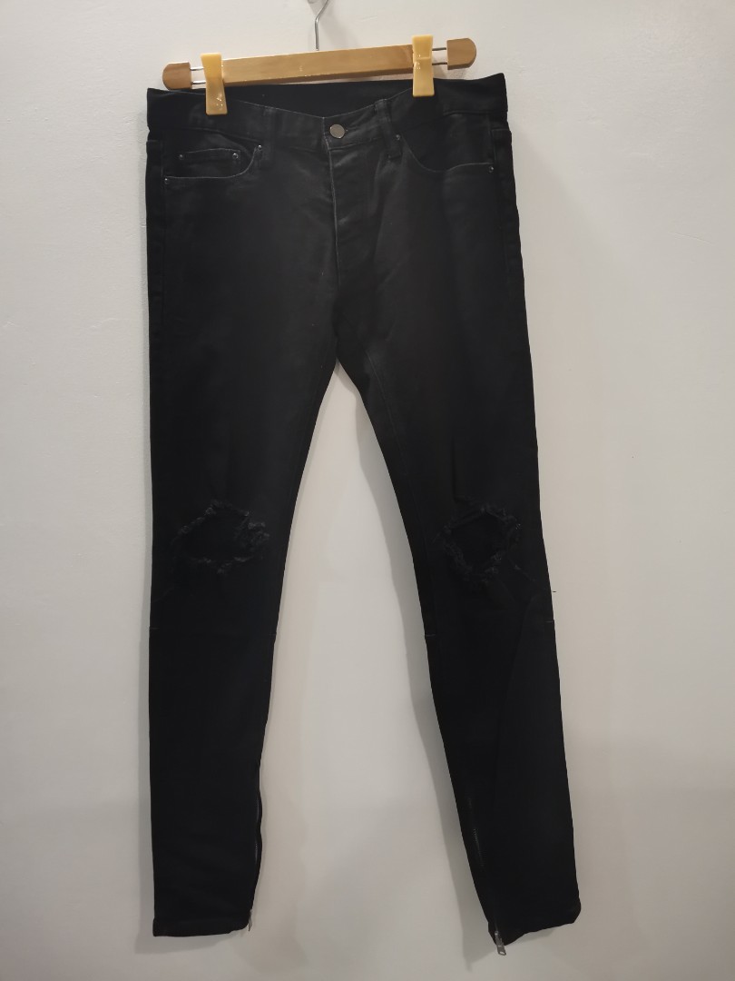 MNML | Black Busted Knee Ankle Zip Jeans, Men's Fashion, Bottoms, Jeans ...