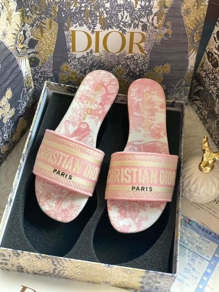 PINK EMBROIDERY DIOR FLAT Women s Fashion Footwear Sandals on